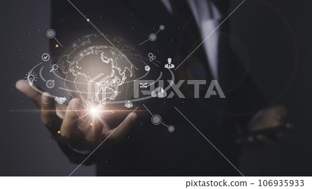 Digital marketing global network and data exchanges over the world 3D rendering. Digital marketing global network and data exchanges over the world 3D rendering. 106935933