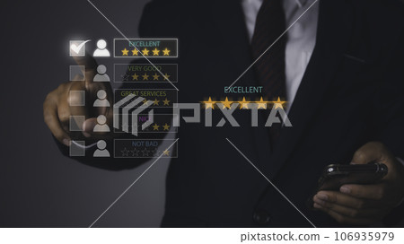 Businessman giving high score with five stars rating satisfaction in service. Businessman giving high score with five stars rating satisfaction in service. 106935979