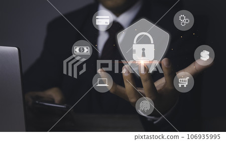 Businessman secure access protecting personal data with virtual screen interfaces. Businessman secure access protecting personal data with virtual screen interfaces. 106935995
