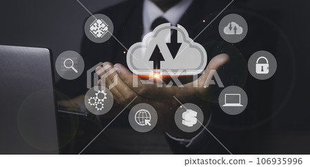 man holding cloud computing diagram, Data storage and network with connection. man holding cloud computing diagram, Data storage and network with connection. 106935996