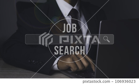 Man browsing work opportunities online by laptop computer. Job search. 106936023