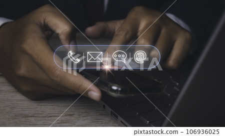 Businessman access contact connect online by smartphone with contact icons. Businessman access contact connect online by smartphone with contact icons. 106936025