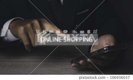 Businessman using mobile phone shopping online with icons E-commerce marketing. Businessman using mobile phone shopping online with icons E-commerce marketing. 106936037