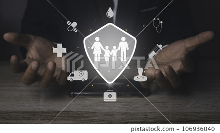 Man protective gesture family with Healthcare medical and insurance icons. Man protective gesture family with Healthcare medical and insurance icons. 106936040