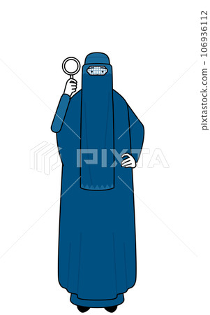 Muslim woman in burqa looking through magnifying glass Muslim woman in burqa looking through magnifying glass 106936112