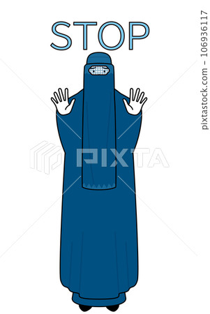 A Muslim woman in a burqa puts her hand out in front of her body, signaling a stop. A Muslim woman in a burqa puts her hand out in front of her body, signaling a stop. 106936117