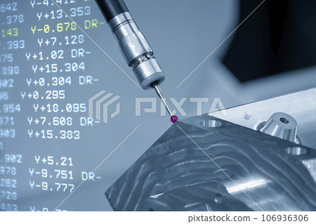 The abstract scene CMM machine measuring the aluminum cylinder head parts and G-code data background. 106936306