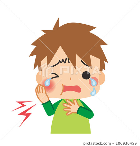 一個可愛的小男孩患有蛀牙的插圖白色背景剪貼畫矢量 106936459