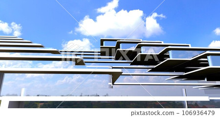 Bottom look on advanced hotel facade. New design made by a skilled command of engineers from Sophia. 3d rendering. 106936479