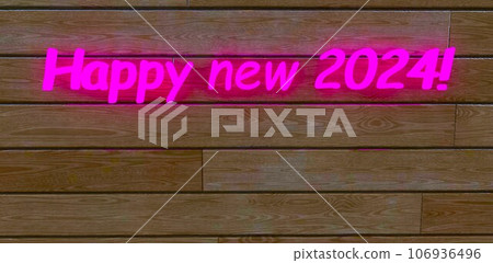Purple words Happy new 2024 glowing on the decked board. Excellent idea for post card on Christmas. 3d rendering. 106936496