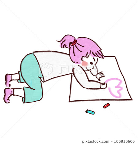 一個孩子在放在地板上的一張大紙上畫畫 一個孩子在放在地板上的一張大紙上畫畫 106936606