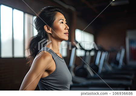 Portrait of a middle aged Asian woman in gym. Portrait of a middle aged Asian woman in gym. 106936686