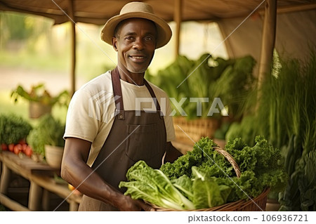 Middle aged African American man with her garden vegetable crop. 106936721