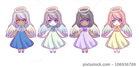 Deformed full-body illustration set of children's anime-style characters wearing angel costumes (pastel colors) 106936789