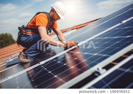 Solar panels on the roof of a small house. Solar panels on the roof of a small house. 106936852