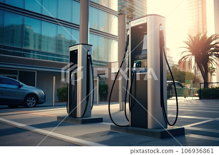 A bank of electric car chargers. Charging station for electric vehicles in a mall parking lot. A bank of electric car chargers. Charging station for electric vehicles in a mall parking lot. 106936861