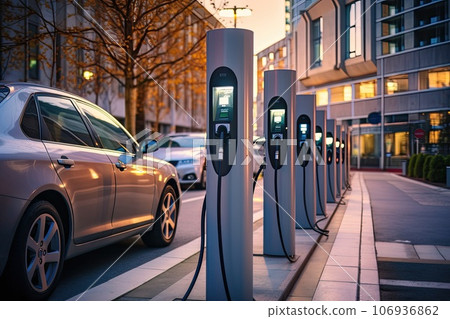 Modern fast electric vehicle chargers for charging car on the city street. 106936862