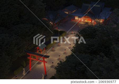 Approach to a shrine at night with lanterns lit (overhead view) / Location image for New Year's visit and second year visit Approach to a shrine at night with lanterns lit (overhead view) / Location image for New Year's visit and second year visit 106936977