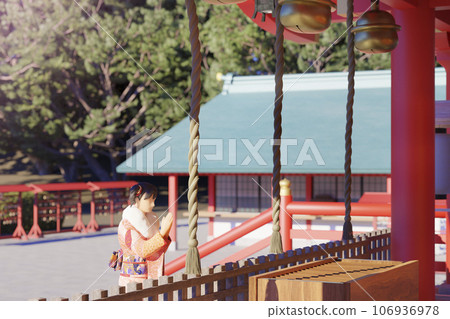 A woman wearing a kimono worshiping at a shrine / Graphic image for New Year's Day, New Year's Visit, and Prayers / 3D rendering 106936978