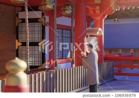 A woman wearing a kimono worshiping at a shrine / Graphic image for New Year's Day, New Year's Visit, and Prayers / 3D rendering A woman wearing a kimono worshiping at a shrine / Graphic image for New Year's Day, New Year's Visit, and Prayers / 3D rendering 106936979