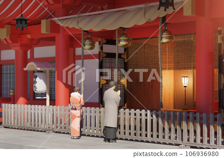 穿著和服參拜神社的男女 / 元旦、拜年、許願的圖形圖像 / 3D 渲染 106936980