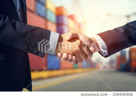 Handshake of two businessmen against the backdrop of a large container warehouse. 106936988