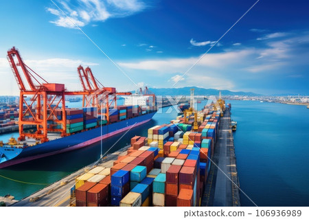 Aerical view of a busy seaport with cargo ships being loaded and unloaded. Aerical view of a busy seaport with cargo ships being loaded and unloaded. 106936989