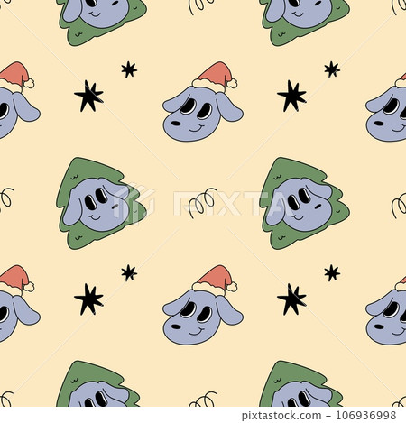 Christmas retro seamless pattern with cute kawaii groovy Santa  tree dog Vintage for winter holidays postcard, invitation, wrapping paper, packaging  106936998