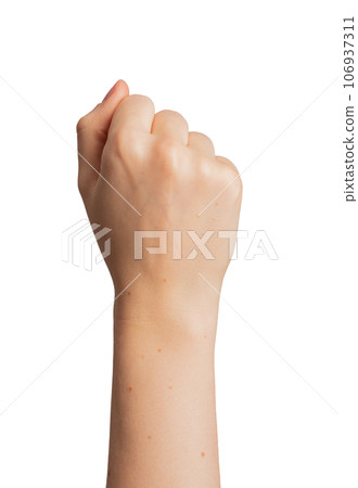 Female hand raised up, women power concept, isolated on white Female hand raised up, women power concept, isolated on white 106937311