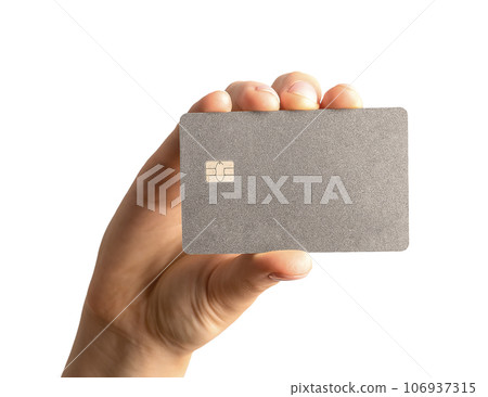Hand holding bank credit card mockup isolated on white 106937315