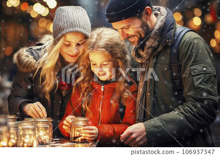 Mother, father and daughter smiling and looking at candles in glasses, night shot from the Christmas market, made with generative ai Mother, father and daughter smiling and looking at candles in glasses, night shot from the Christmas market, made with generative ai 106937347