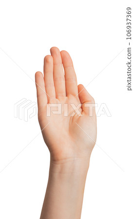 Hand waving, greeting gesture, saying hi, hello, good bye, isolated on white 106937369