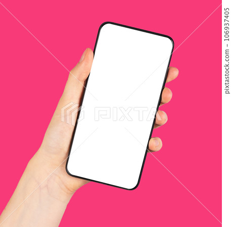 Hand holding mobile phone mockup for app promotion, screen mock-up on pink background Hand holding mobile phone mockup for app promotion, screen mock-up on pink background 106937405
