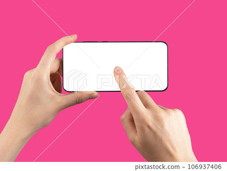 Hand holding mobile phone mockup horizontally, finger clicking on screen display mock-up Hand holding mobile phone mockup horizontally, finger clicking on screen display mock-up 106937406