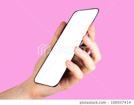 Hand holding smartphone mock up, mobile screen mockup on pink background Hand holding smartphone mock up, mobile screen mockup on pink background 106937414