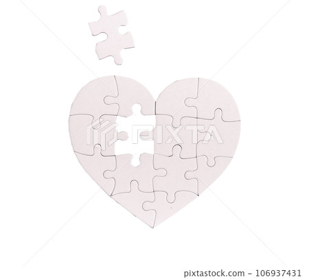Lacking missing puzzle piece in heart jigsaw, isolated on white Lacking missing puzzle piece in heart jigsaw, isolated on white 106937431
