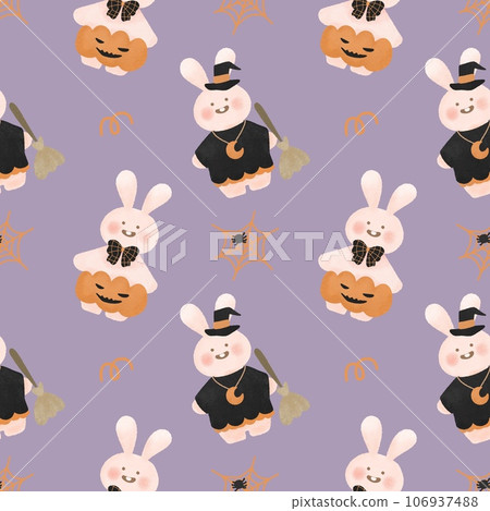 Seamless pattern with happy halloween bunny pumpkin rabbit witch cute kawaii cartoon for baby shower , wallpaper ,backdrop ,nursery, book cover 106937488