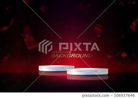 White round isolated podium on a dark red composition with tinsel 106937646