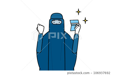 一位穿著罩袍的穆斯林婦女很高興看到她的銀行存摺。 106937692