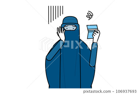 一名身穿罩袍的穆斯林婦女看著她的銀行存摺，看上去很沮喪 106937693