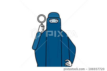 Muslim woman in burqa looking through magnifying glass 106937720