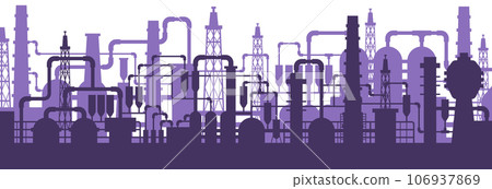 Factory production. Gas or oil industry. Refinery purple silhouette. Chemical manufacturing. Cisterns and pipes. Processing equipment. Construction technology. Vector industrial background 106937869