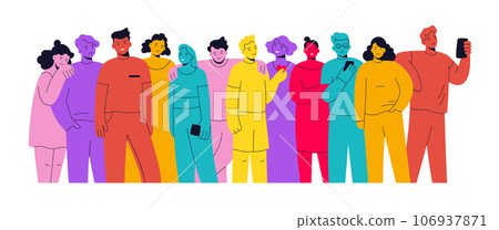 People diverse. Abstract characters. Different bright colors. Community collaboration. Multicultural persons group. Men and women standing together. Happy family. Vector flat design 106937871