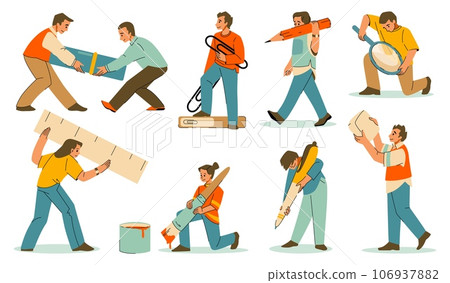 Stationery characters. People holding office supplies. Big pen and pencil. Student with magnifier. Woman with eraser or paintbrush. Man carrying highlighter. Work persons vector set 106937882