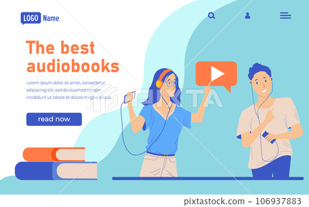 Audiobook landing page. Online bookstore. People with smartphones and headset. Podcast listening. Books reading. Man and woman with headphones. Mobile application. Vector website design 106937883