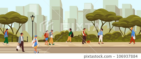 City street. Pedestrians walk on sidewalk and cross road. Urban buildings. People stroll. Town houses and trees. Guy with dog. Woman in casual clothing. Cityscape vector illustration 106937884