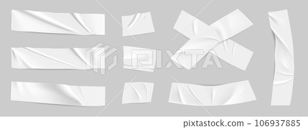 Pieces of tape transparent. Paper stickers. White label tapes, note tag with sticky effect, 3d adhesive torn patch collection. Isolated masking stripes. Vector realistic mockup set 106937885