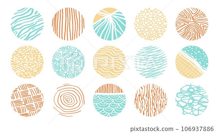 Abstract patterns. Round line texture, modern doodle art, contemporary spiral brush design. Sand desert and water symbol. Creative samples. Doodle drawing. Vector minimal isolated icons 106937886