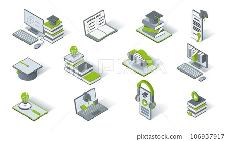 Education icons. 3D isometric laptop. Ebook library. Online school. Audiobook or cloud technology. Textbooks stack. Graduation hat. Computer and smartphone. Vector studying signs set 106937917