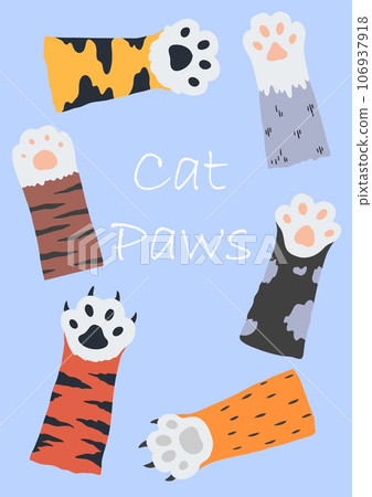 Cat paws. Cute print, poster or card. nursery or veterinary clinic or groomer salon decor. Domestic and wild animals arms. Kitten footprint, kitty foot. Vector cartoon flat illustration 106937918